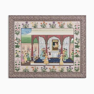 Escena palaciega de estilo indio, años 50, acuarela sobre seda, enmarcado