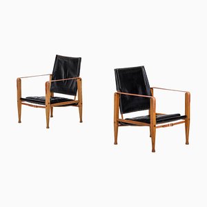 Set of Black Leather Safari Chairs attributed to Kaare Klint, 1950s