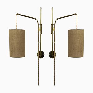 Adjustable and Articulating Brass and Jute Pole Wall Lights, 1950s, Set of 2