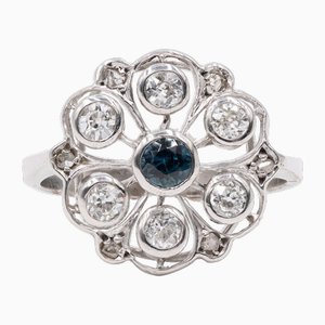 Antique 8k White Gold and Silver Ring with Cut Sapphire and Diamonds, 1930s