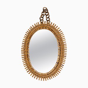 Mid-Century Rattan and Bamboo Oval Wall Mirror with Chain, Italy, 1960s