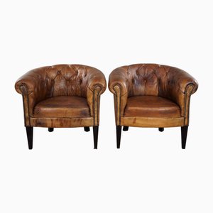 Chesterfield Club Armchairs in Sheep Leather, Set of 2