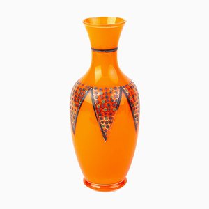 Art Nouveau Bohemian Orange Tango Glass Vase in the style of Loetz