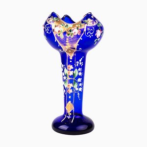 Art Nouveau Bristol Blue Enamel Painted Glass Vase