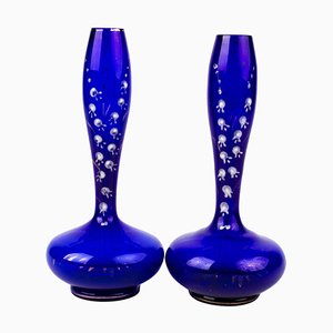 Art Nouveau Bristol Blue Enamel Painted Glass Vases, Set of 2