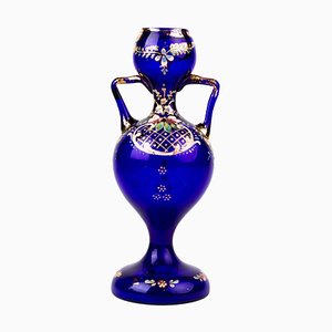 Art Nouveau Bristol Blue Enamel Painted Glass Vase