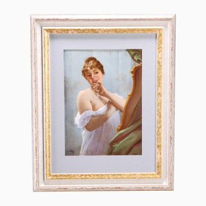 Porcelain Plaque Depicting Lady with Pearl Necklace by Knoeller for KPM Berlin