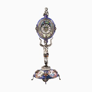 Horloge de Bureau Antique en Argent et Émail Viennois du 19ème Siècle, Autriche