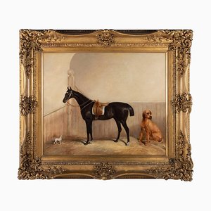 Cerchia di Albert H. Clark, Cavallo equestre in stalla con cani, Olio su tela, con cornice