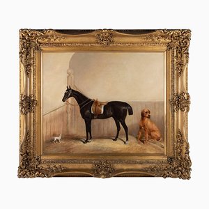 Circle of Albert H. Clark, Equestrian Horse in Stable with Dogs, Oil on Canvas, Framed