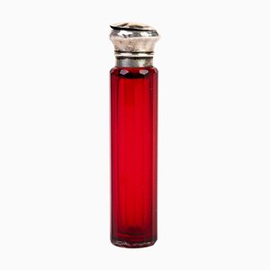 Bottiglia da profumo vittoriana in vetro rubino con coperchio in argento