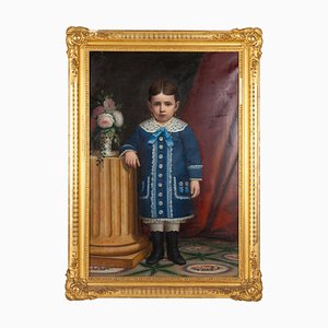 Portuguese Artist, Full Length Portrait of Young Girl, 19th Century, Large Painting, Framed