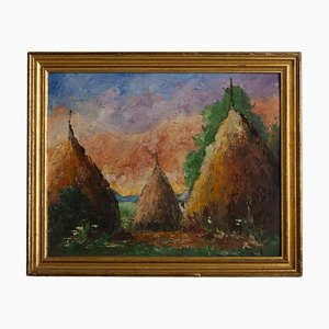 Belgian Artist, Haystacks Landscape, Oil Painting, 19th Century