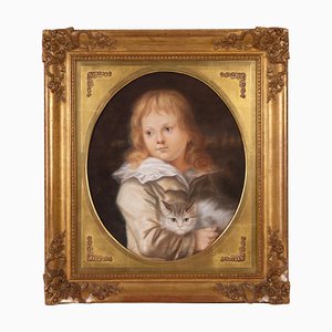 French Artist, Portrait of Young Boy with Cat, 19th Century, Pastel, Framed