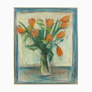 Belgian Artist, Still Life of Flowers in Vase, Pastel Drawing, Framed
