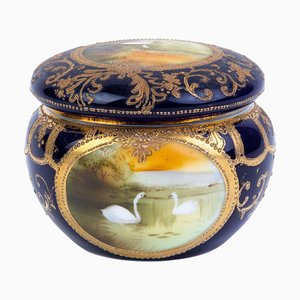 Japanese Art Deco Lidded Box in Porcelain with Swan River Landscape Decor from Noritake