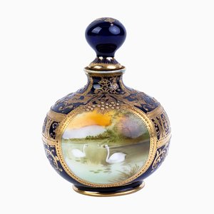 Japanese Art Deco Lidded Perfume Bottle in Porcelain with Swan River Landscape Decor from Noritake