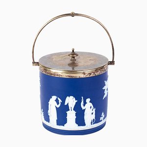 Victorian Neoclassical Portland Blue Jasperware Cameo Lidded Jar from Wedgwood