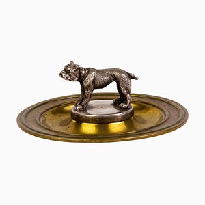 19th Century English Victorian Silver and Brass Ashtray with Bulldog Figure