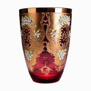 Large Mid-Century Italian Murano Glass, Enamel & 24kt Gold Trefuochi Vase