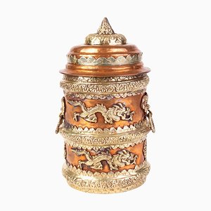 Chinesischer tibetischer Drachenbehälter aus vergoldetem Kupfer & Messing, 19. Jh.