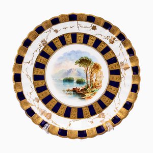 English Gilt & Cobalt Fine Porcelain Riverside Landscape Plate, 19th Century