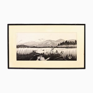 Artista japonés, Lago de ladera, Impresión en madera, Enmarcado