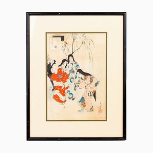Ogata Gekko, Meiji-Szene, Holzschnitt, gerahmt
