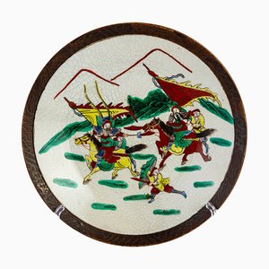 Chinese Crackle Glazed Famille Verte Polychrome Charger with Nanking Warriors Decor, 19th Century