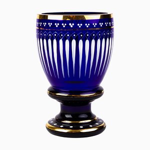 Enamel Painted Bristol Blue Glass Goblet with Gold Rims