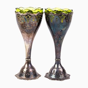 Art Nouveau Silver-Plated Spill Vases with Glass Liners, Set of 2