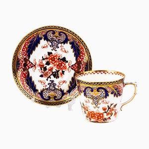 Taza de té y platillo ingleses Imari de porcelana fina de Derby. Juego de 2