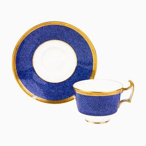 Fine English Porcelain Blue Ground Gilt Tea Cup & Saucer from Cauldon, Set of 2