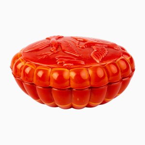 Bohemian Art Deco Orange Relief Glass Lidded Box