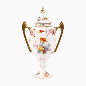 German Gilt Porcelain Lidded Floral Vase, Dresden