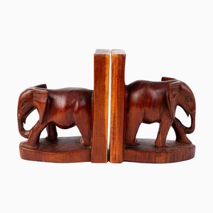 Art Deco Carved Mahogany Elephant Bookends, Set of 2