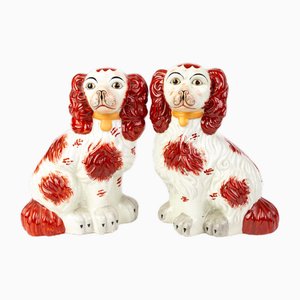 Large Victorian Staffordshire Polychrome Pottery Spaniels, Set of 2