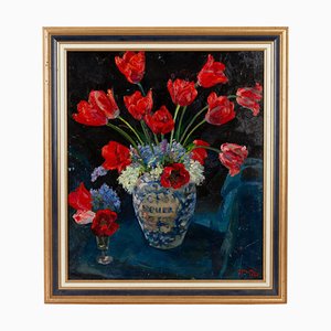 Belgian Artist, Still Life of Tulips in Vase, Oil Painting, 1947, Framed