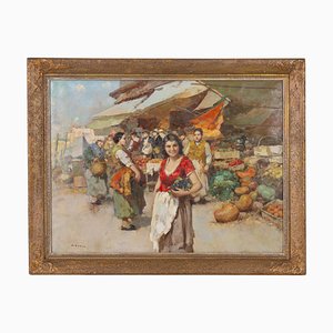 Giuseppe Pitto, Grande Mercato Italiano, Dipinto ad Olio, Incorniciato