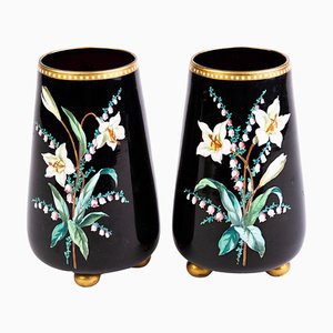 Art Nouveau Enamel Painted Glass Vases, Set of 2