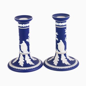 Portland Blue Jasperware Neoclassical Cameo Candlesticks from Wedgwood, Set of 2