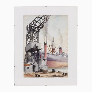 Belgian Artist, Ferry Harbour, Watercolour Painting