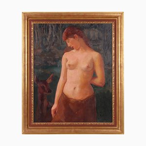 L. Hock, Nude Woman and Doe, Oil Painting, Framed