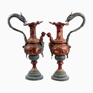 Large Empire French Dragon-Handled Figural Bronze Ewers, Set of 2