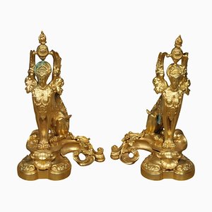 Rococo French Gilt Metal Greek Sphinx Fireplace Chenets Andirons, Set of 2
