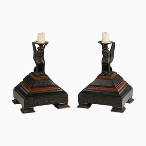 Victorian Egyptian Revival Bronze & Rouge Marble Sphinx Candleholders, Set of 2