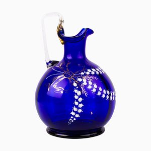 19th Century Bristol Blue Victorian Enameled Glass Ewer