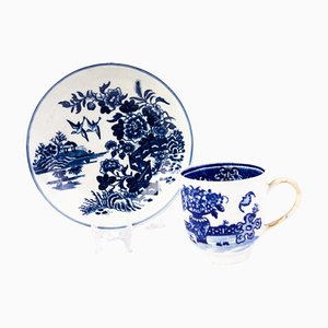 18th Century Blue & White Porcelain Tea Cup & Saucer from Worcester, Set of 2