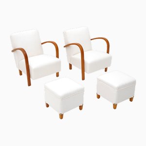 Armchairs with Poufs, 1940s, Set of 4