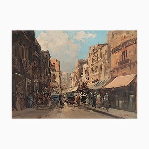 Huile sur Carton, Ezelino Briante, Lively Shopping Street, 1960s, Encadré